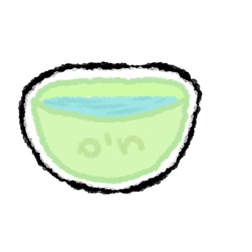 a pale green bowl outlined in black and white. there is blue water in the bowl. "mayim" is written in hebrew on the outside of the bowl in green